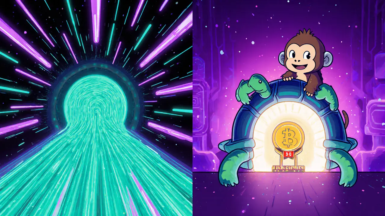 Cartoon ape uses OOGI token at a Turtle Launchpad portal beside a fast Solana tunnel.