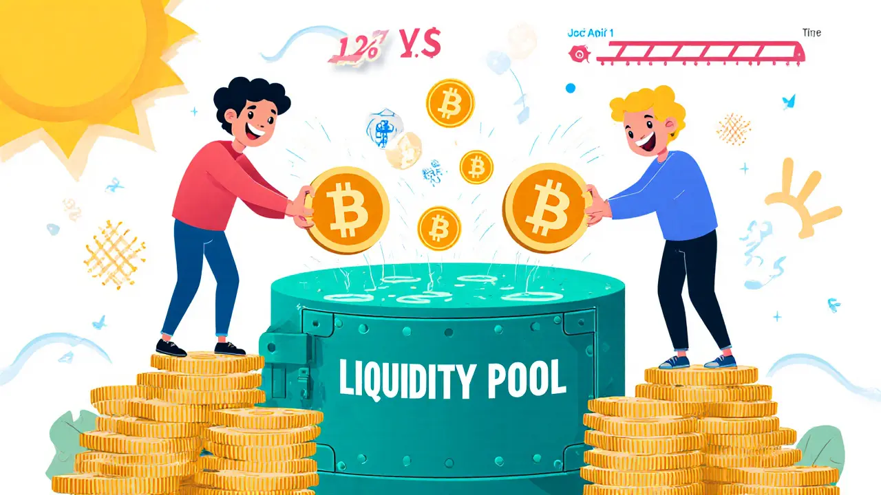 Cartoon avatars adding BNB and USDT to a pool, earning 0.10% fee coins.
