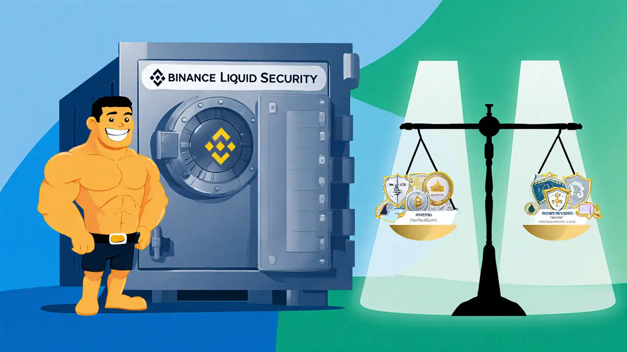 Cartoon Binance mascot with vault and regulator shields showing pros and cons.