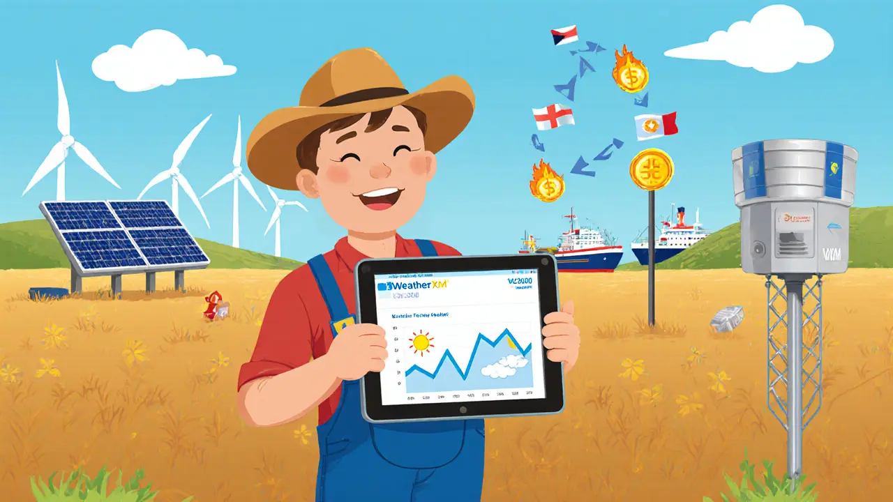 Cartoon farmer with tablet showing WeatherXM data, wind turbines, solar panels, and a station sending signals.