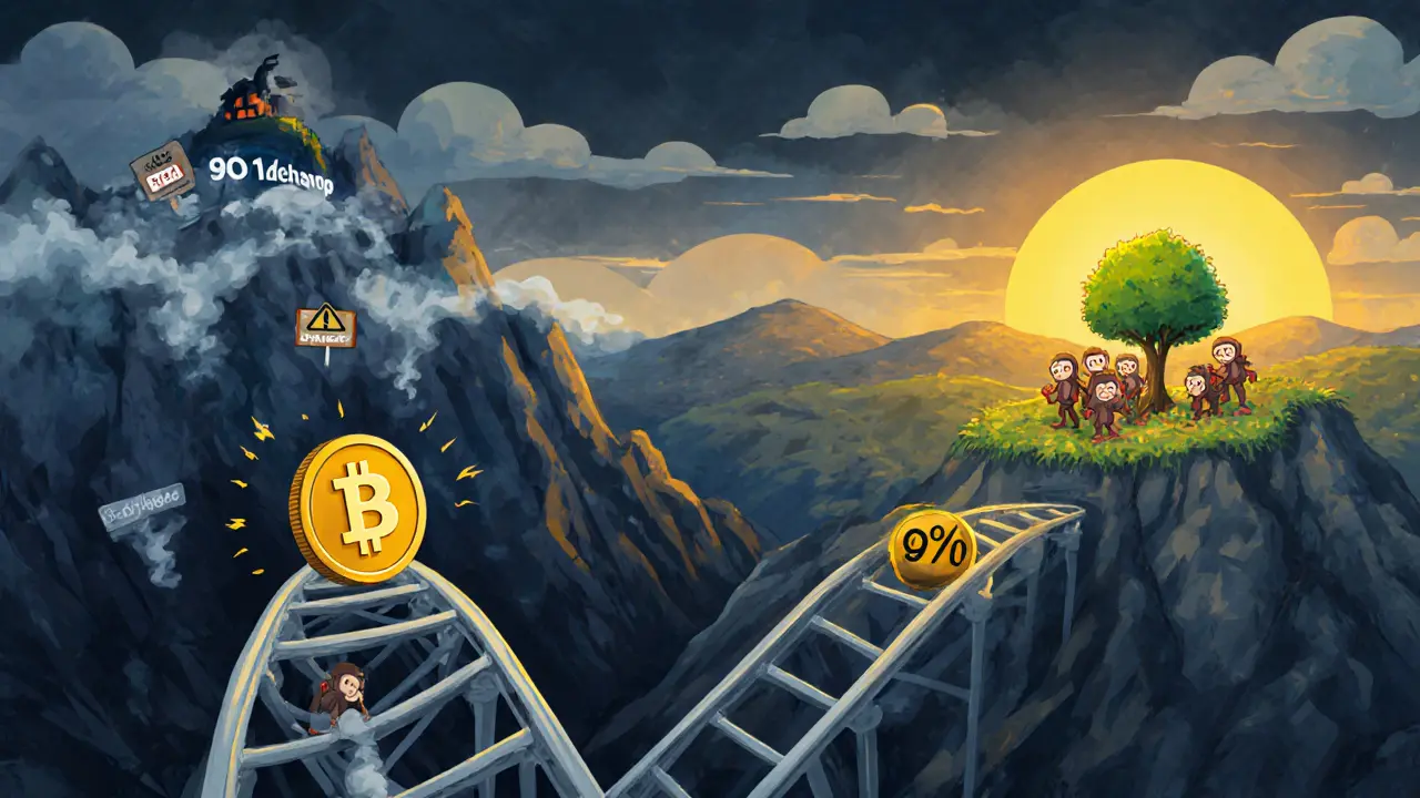 Cartoon OOGI coin rides a roller‑coaster of price with warning signs and hopeful sunrise.