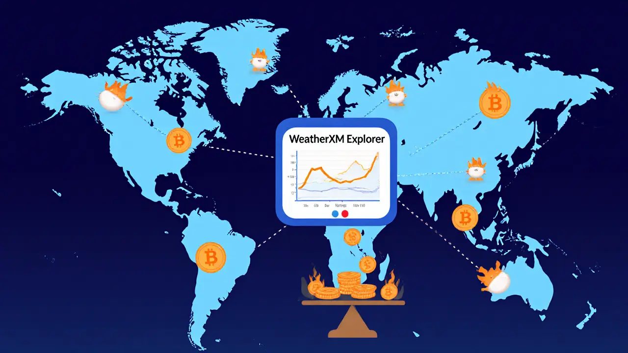 Cartoon world map of WeatherXM stations linked to an explorer screen showing token minting and burning.