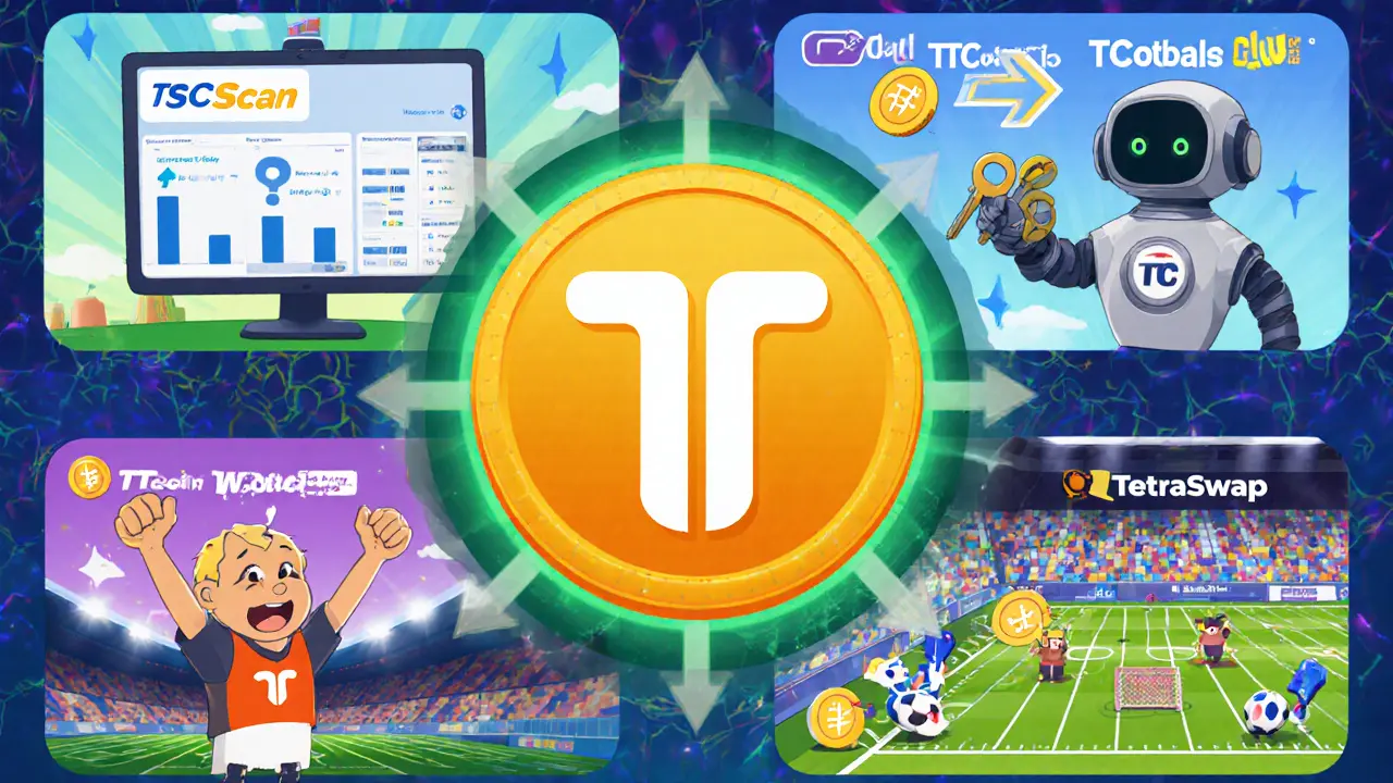 Five cartoon panels showing TSCScan, TC‑Wallet Pro, TTcoin Football Club, TetraSwap, and Rewards.