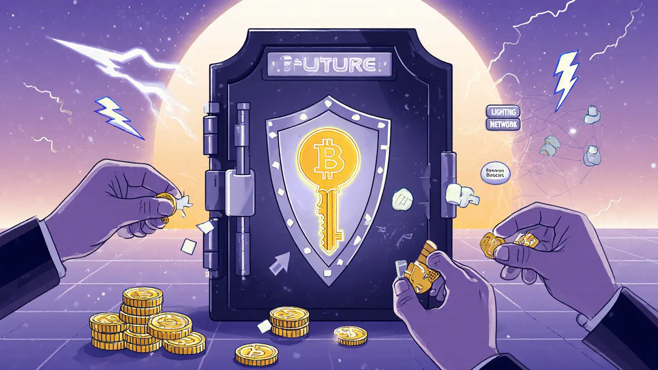Hands combine to form a single Schnorr key in a vault, showing privacy, fee savings, and future adoption.
