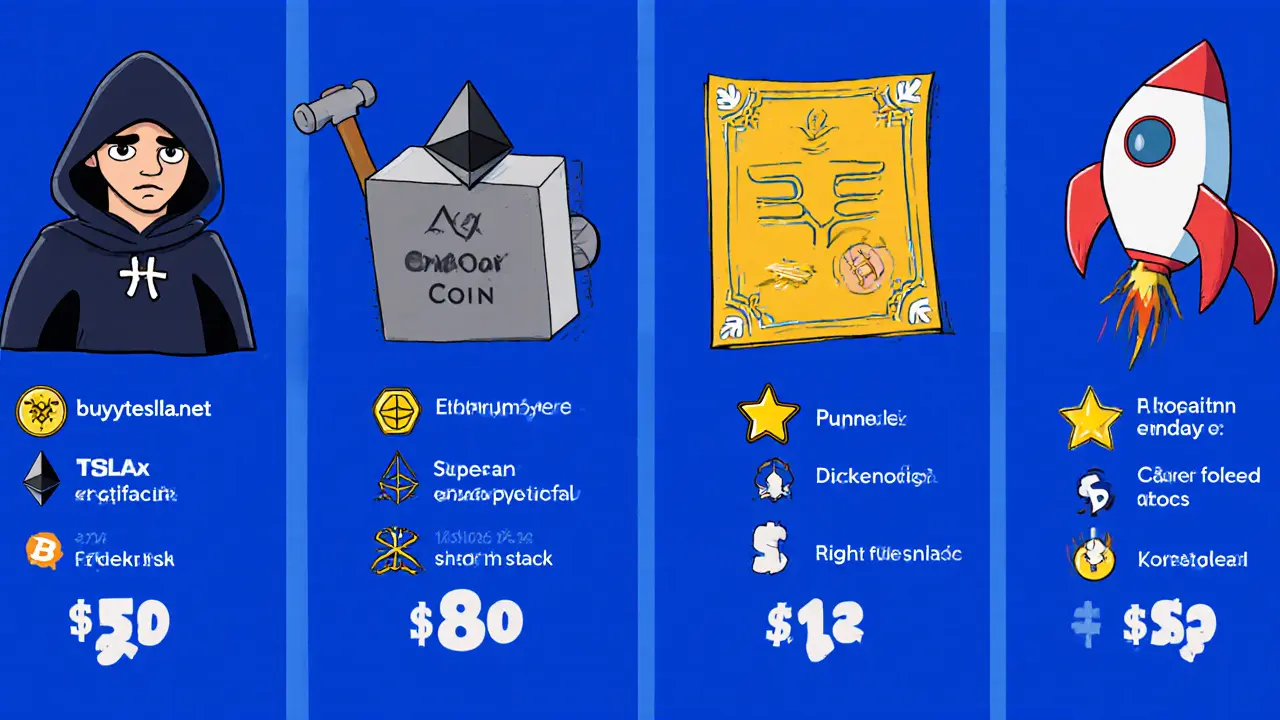 Cartoon comparison of four TSLA tokens with mascots and blockchain icons.