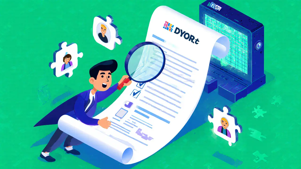 Cartoon detective examining a whitepaper with magnifying glass, surrounded by tokenomics and analytics tools.
