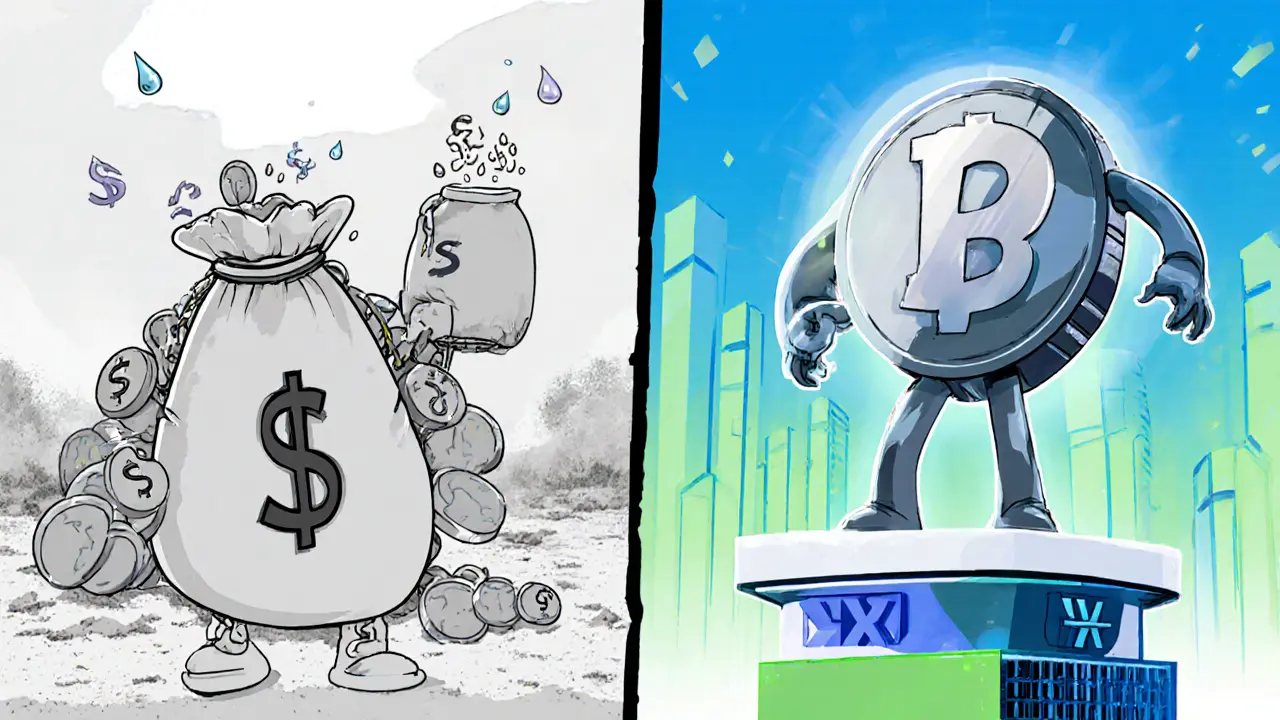 Cartoon split scene showing a messy meme‑coin on the left and a sleek token on a modern pedestal on the right.