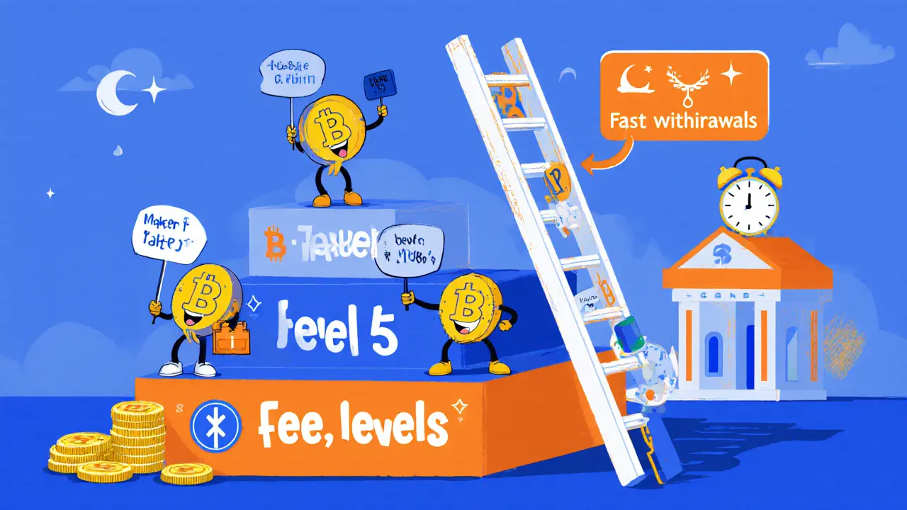 Colorful ladder showing Paribu fee tiers with coin characters holding percentages.