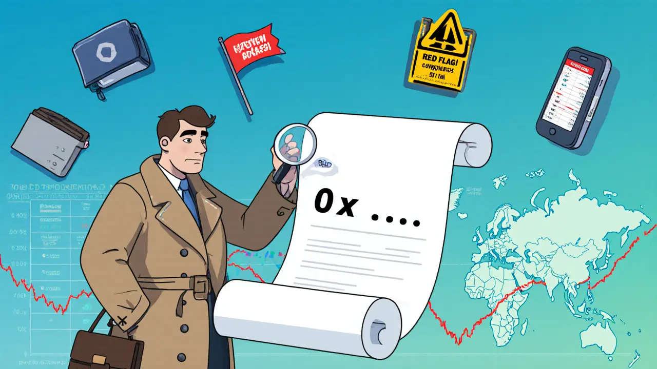 Detective investor examining contract address with wallet and risk icons.