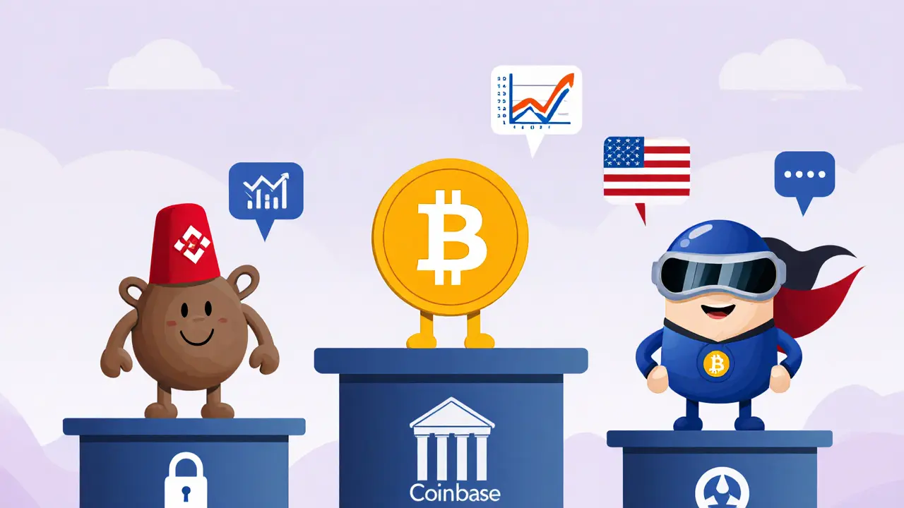 Three exchange mascots comparing features on a podium in cartoon style.