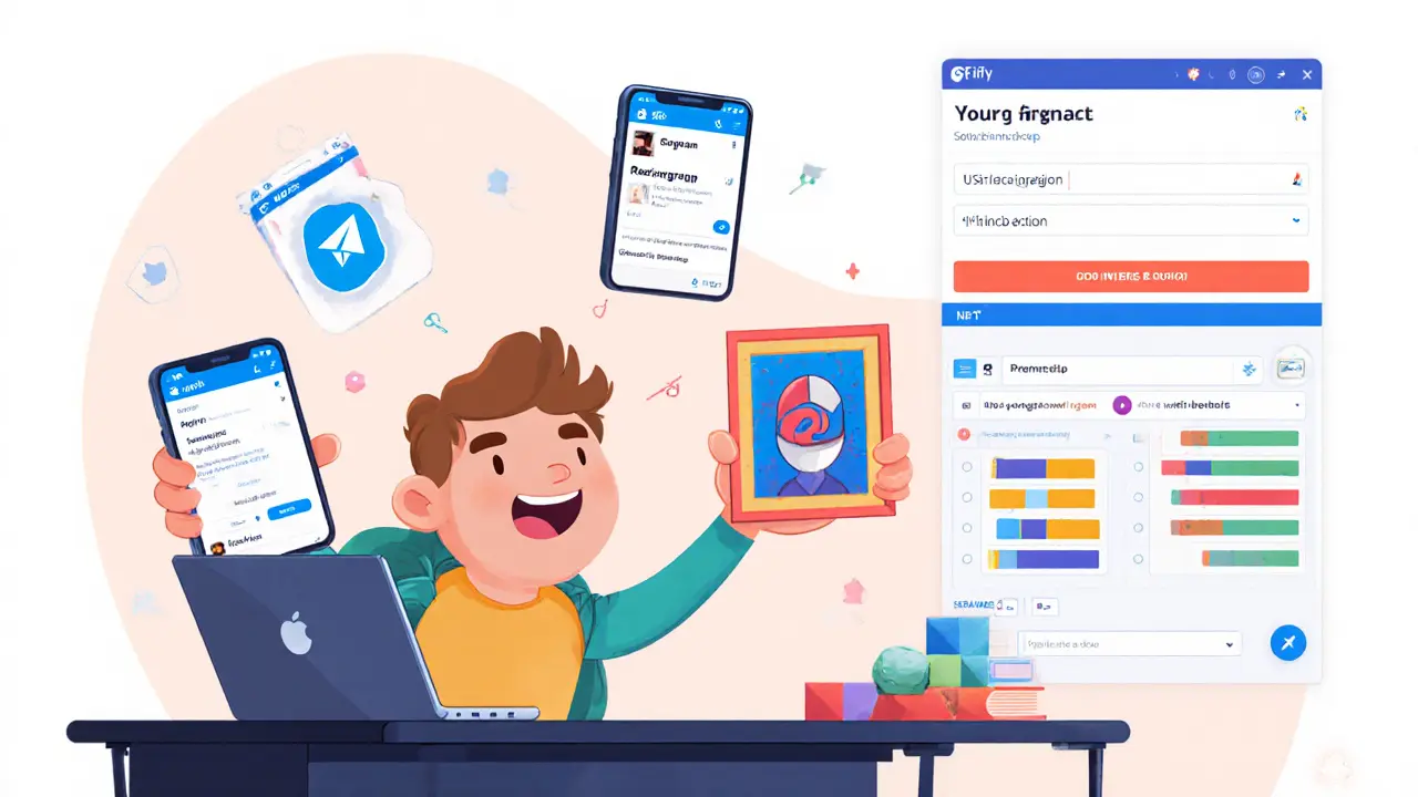 Cartoon character completing NFTify airdrop steps on phone and computer, creating an NFT store.