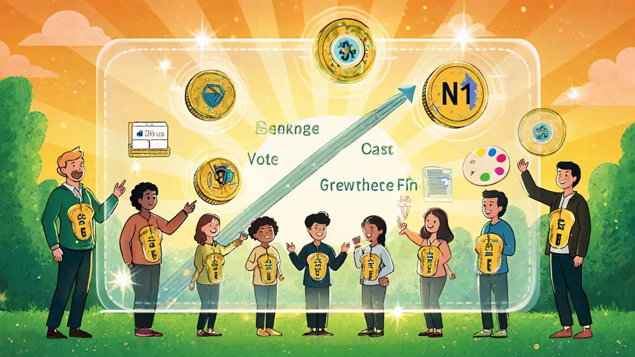 Cartoon group of N1 holders voting and staking, with a roadmap banner for NFTify’s future.