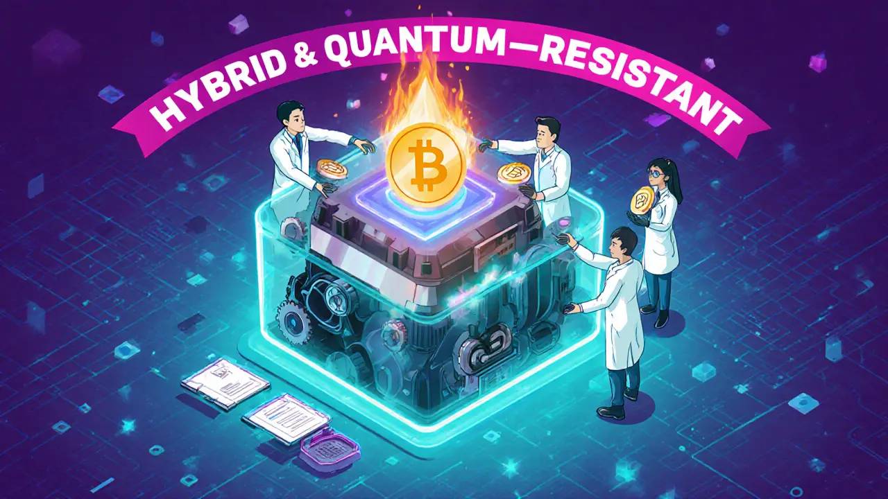 Cartoon of futuristic hybrid consensus machine with quantum shield and researchers.