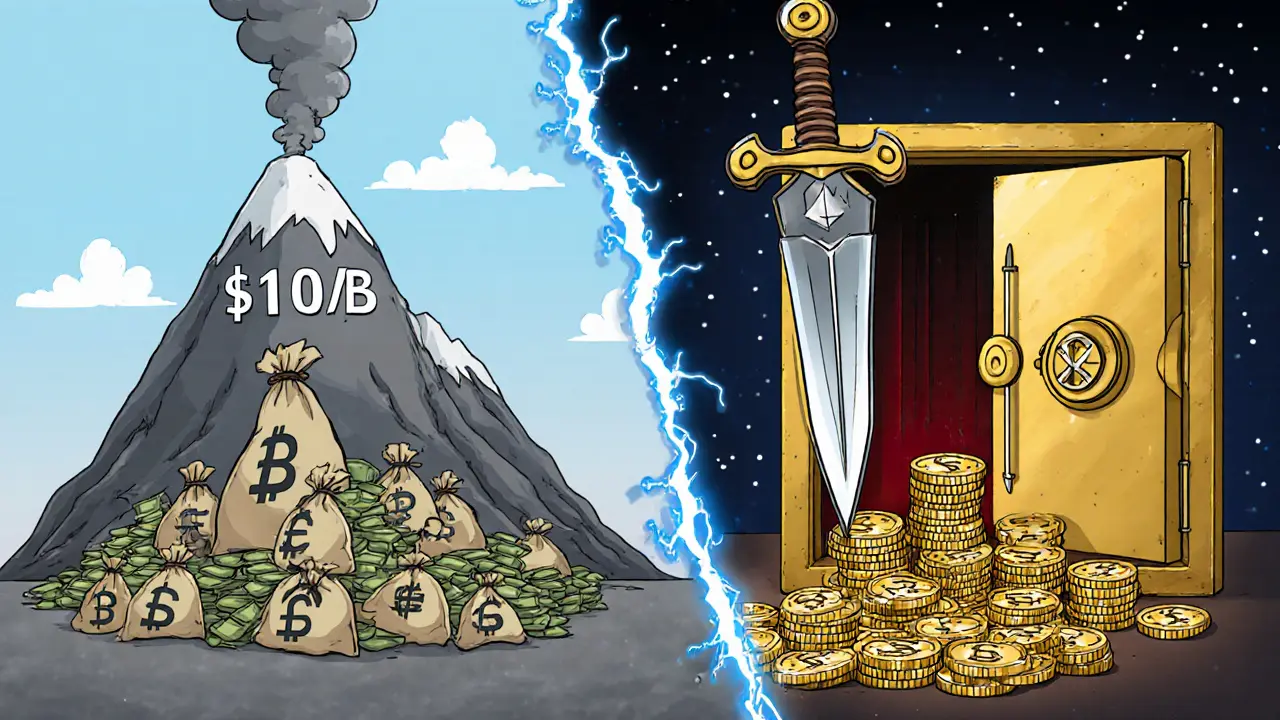 Cartoon showing cost comparison: ASIC mountain with money vs ETH vault with slashing sword.
