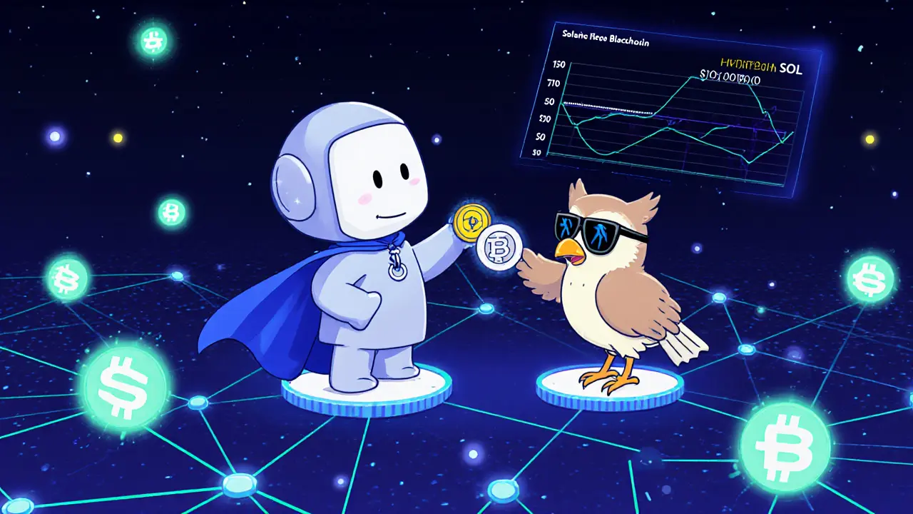 Cartoon wallet character gives SOL coins to a hawk‑shaped token in a neon Solana network.