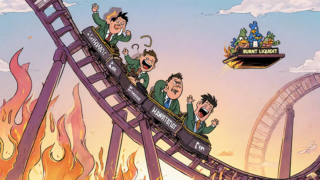 Roller‑coaster of volatility with traders holding HAWKTUAH tokens and flaming liquidity below.