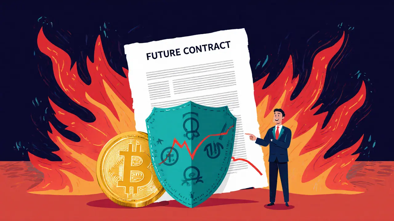 Cartoon Bitcoin coin protected by a futures contract shield against volatile price waves.