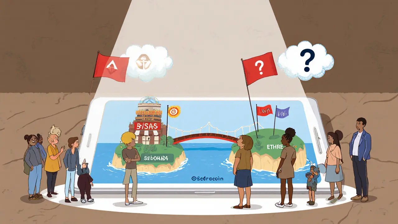 Cartoon of Sedrians at marketplace tablet, wSDR bridge with red flags and question marks.