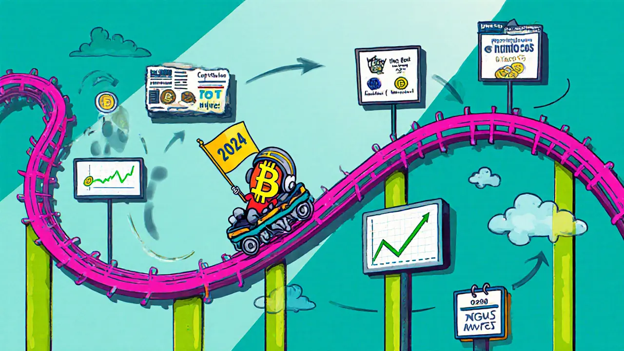 Cartoon roller‑coaster depicting the five stages of a Bitcoin halving market cycle.