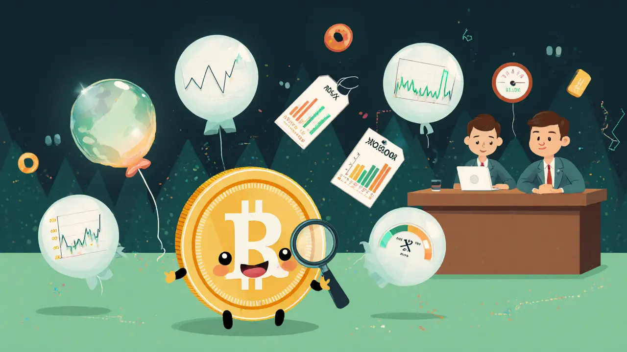 Cartoon ROSX coin examining floating price tags and tiny market charts.