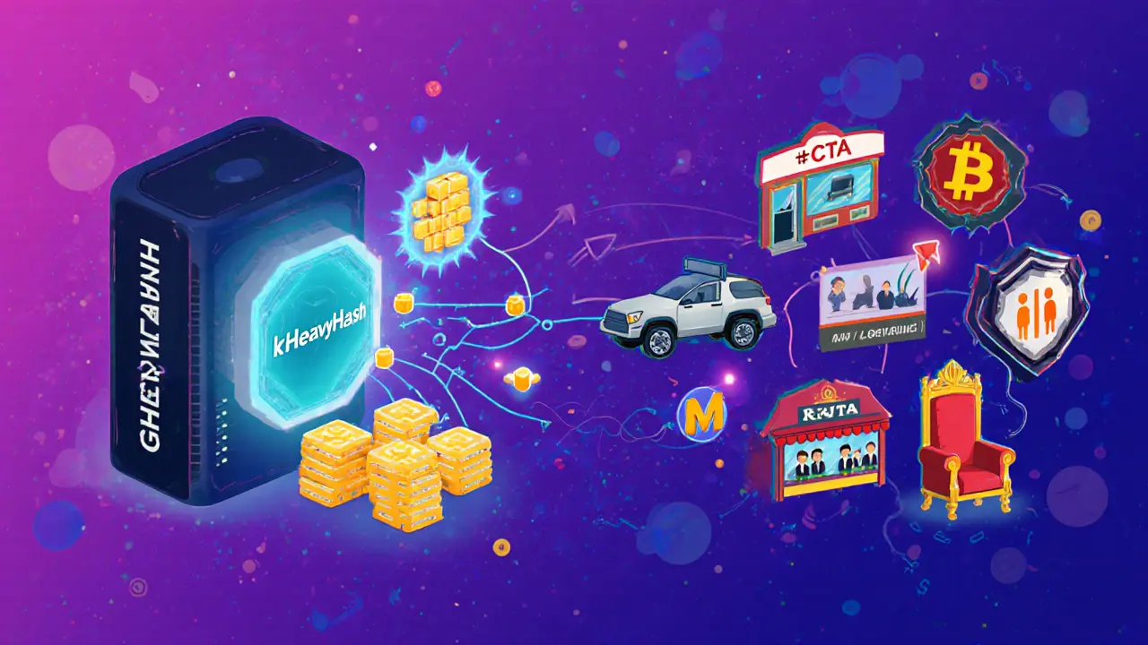 Cartoon showing kHeavyHash mining PC, GHOSTDAG blocks, and five CTA icons.