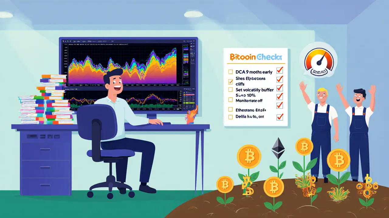 Cartoon trader desk with Bookmap screen, checklist, miners turning off rigs, and growing altcoin garden.
