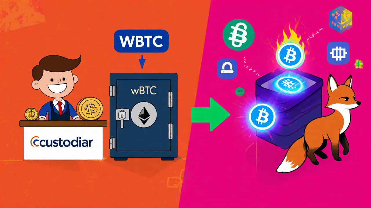 Cartoon diagram of the WBTC wrap and unwrap process with merchant, custodian vault, and multi‑sig wallet.