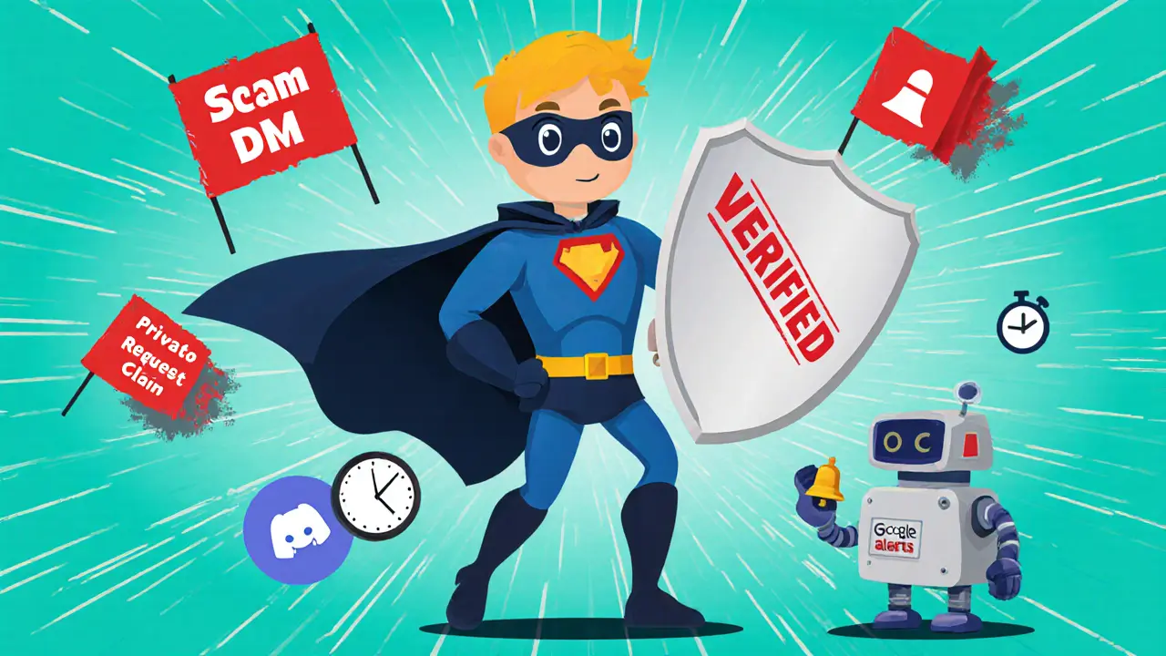 Cartoon hero shield blocking scam messages while crypto tools display alerts and protection.