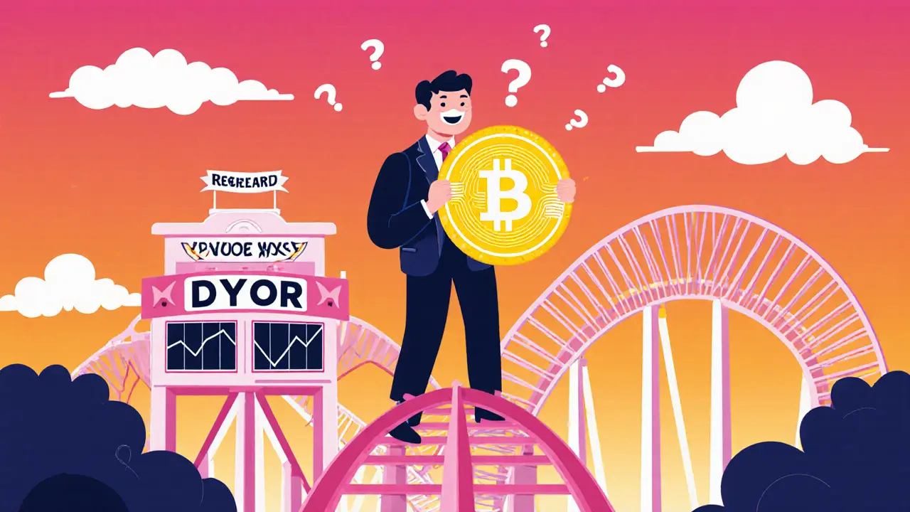 Cartoon investor holding DYOR token on a roller‑coaster graph near a DYOR Academy building.