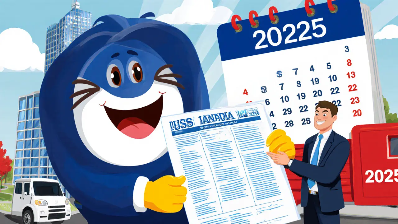 Cartoon IRS mascot delivering a giant Form 1099‑DA to a broker.
