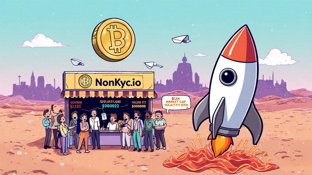 Cartoon market stall showing tiny DOGPU coin, low market cap and volatility.