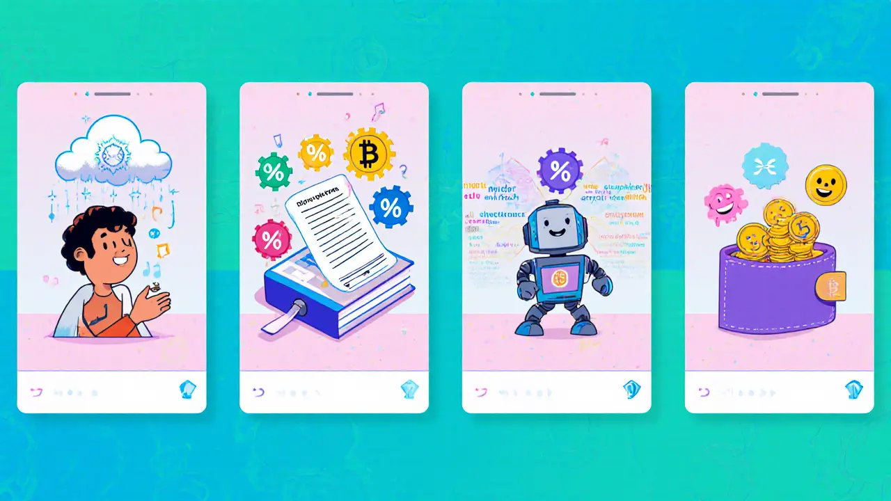 Cartoon panels showing song upload, smart contract, streaming, and crypto payouts.