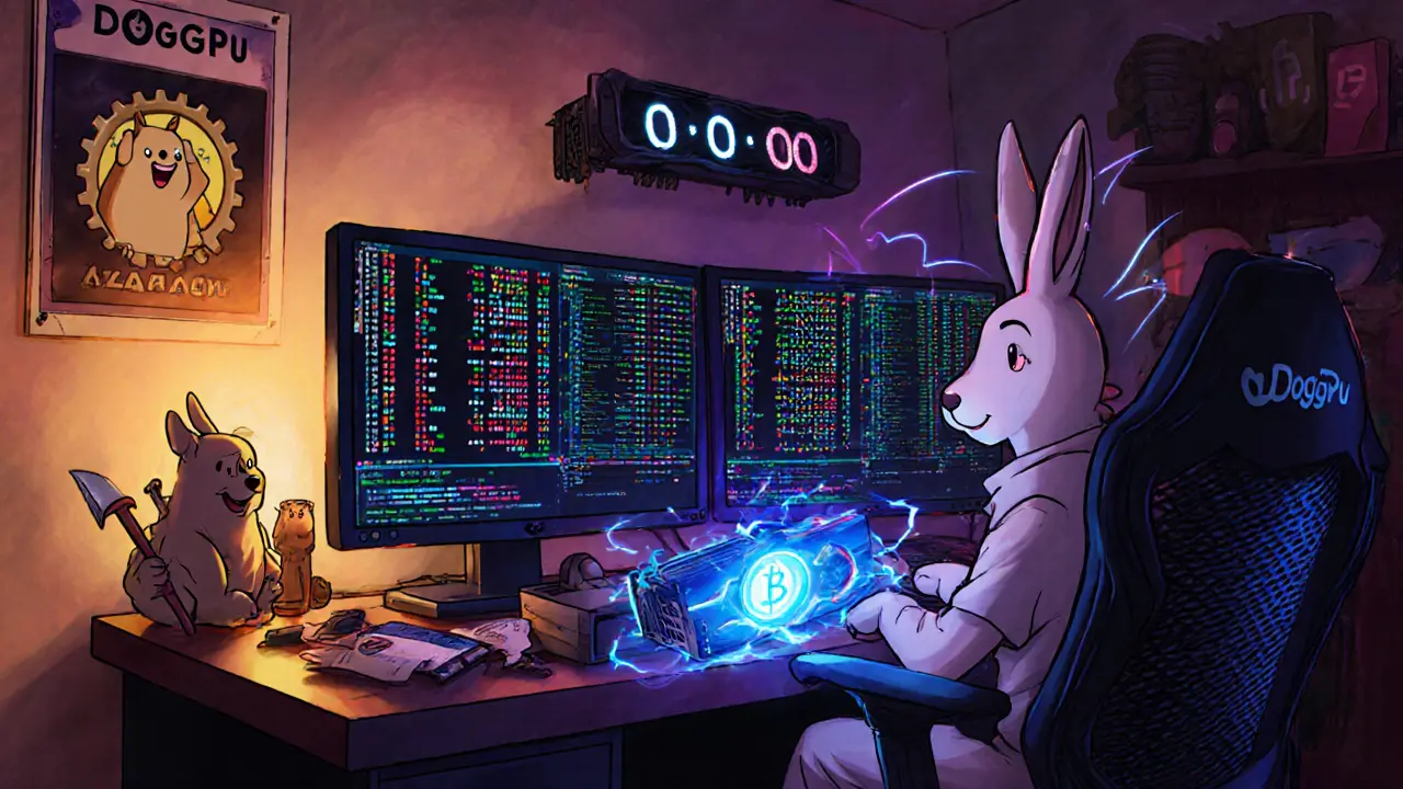 Cartoon rabbit mining DOGPU on a desk with bright monitors.
