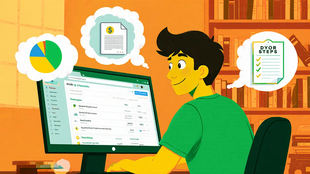 Cartoon researcher reviewing DYOR contract, whitepaper, and tokenomics on a computer.