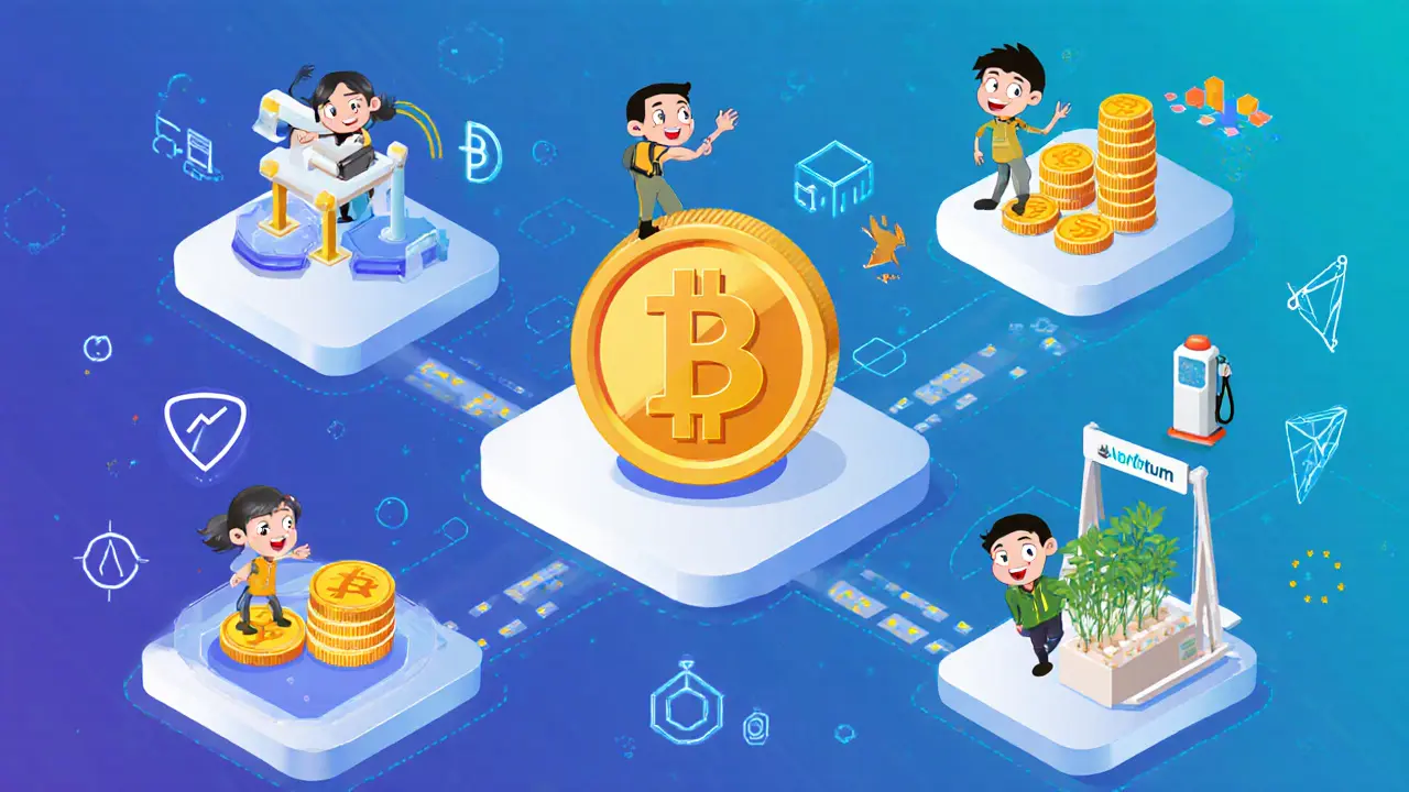 Cartoon showing WBTC used in DeFi platforms like Aave, Uniswap, and future chain expansion.
