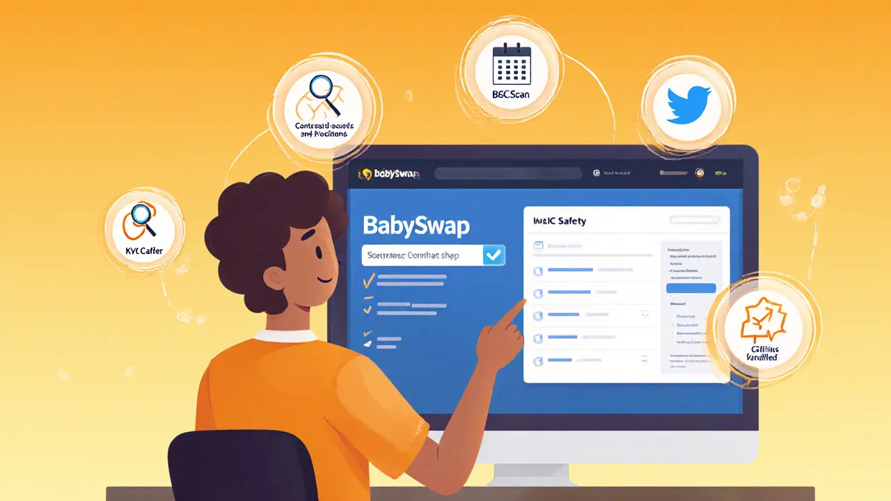 Cartoon user checking BabySwap website, BscScan, and Twitter with verification checklist icons.