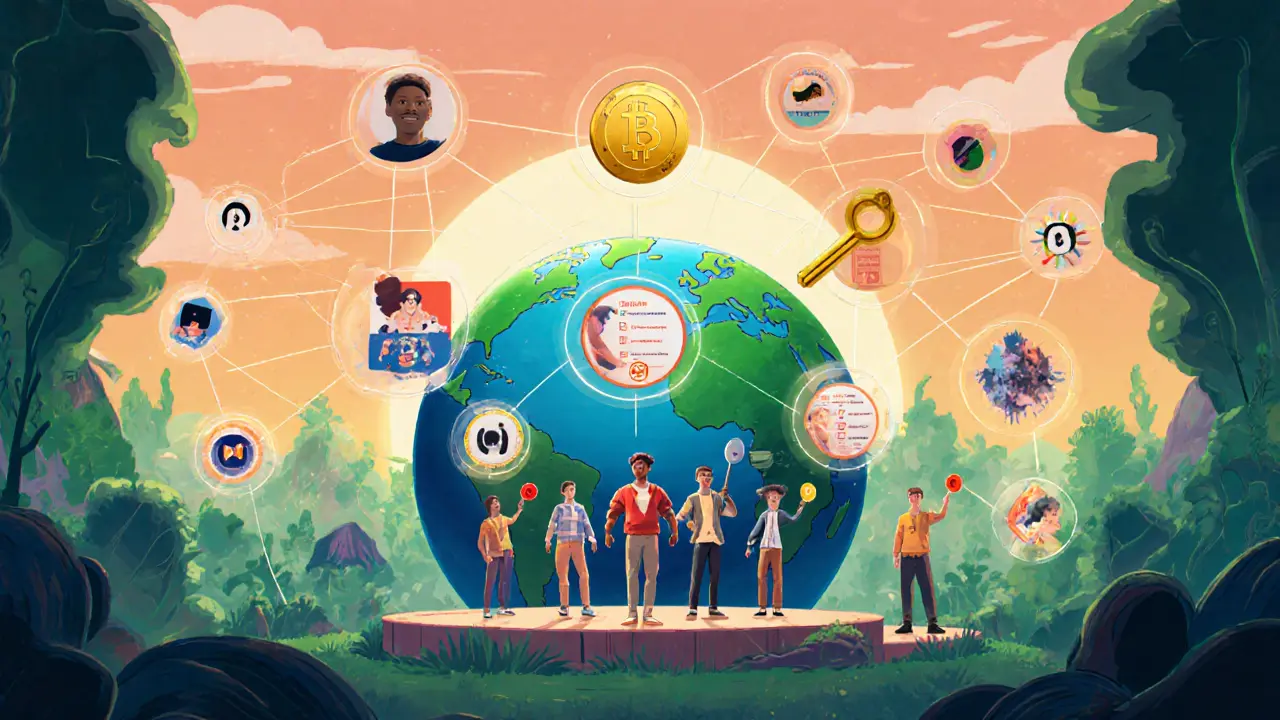 Futuristic cartoon of fans voting and NFT tokens connecting artists worldwide.