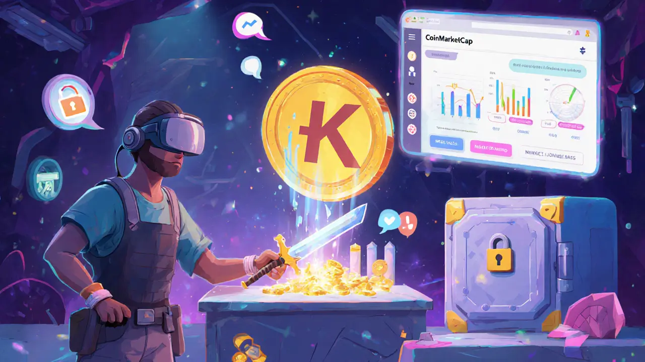 Avatar minting an NFT sword using a KWS coin, with staking vault and CoinMarketCap steps shown.