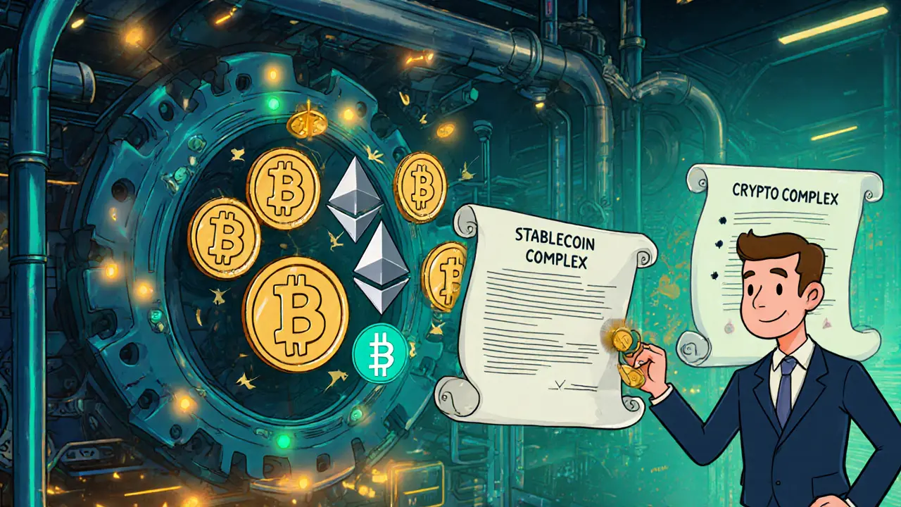 Cartoon clearinghouse moving Bitcoin, Ethereum, Solana, and USDC into futures contracts.