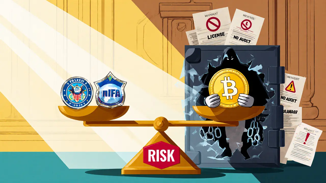Cartoon courtroom balance scale showing regulators versus risky crypto vault.