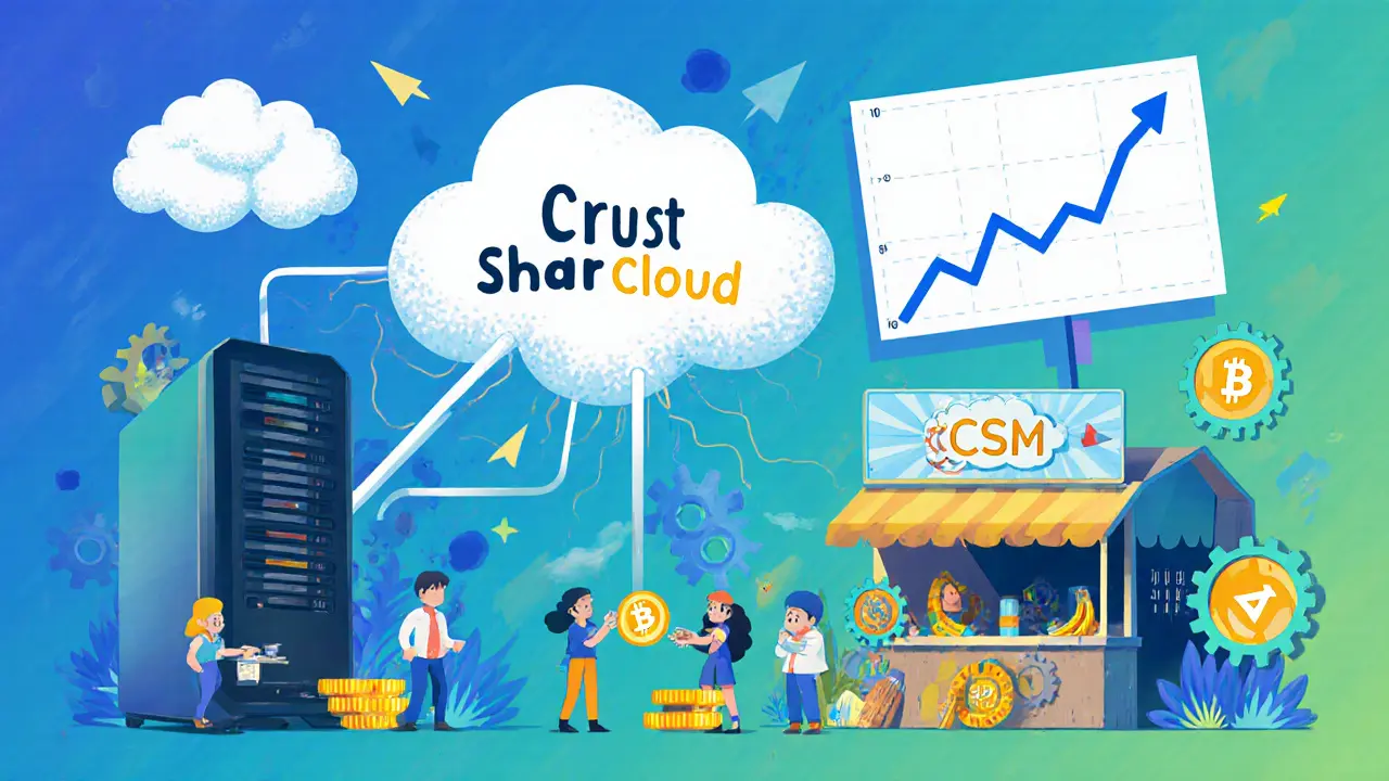Cartoon future Crust Shadow ecosystem with cloud server, marketplace, and rising graph.