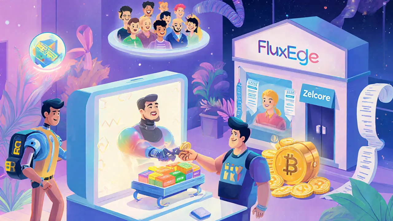 Cartoon illustration of Flux ecosystem components: FluxOS, FluxNode, Zelcore wallet, XDAO, FluxEdge, and blockchain.