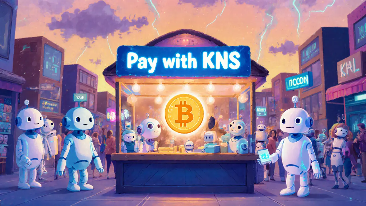 Cartoon marketplace where AI bots and IoT devices pay with glowing KNS tokens.