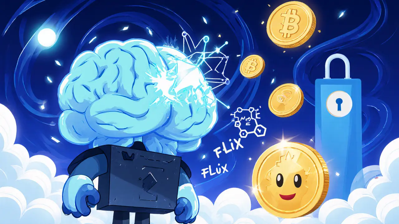 Cartoon miner node performing AI and scientific tasks, receiving FLX token rewards.