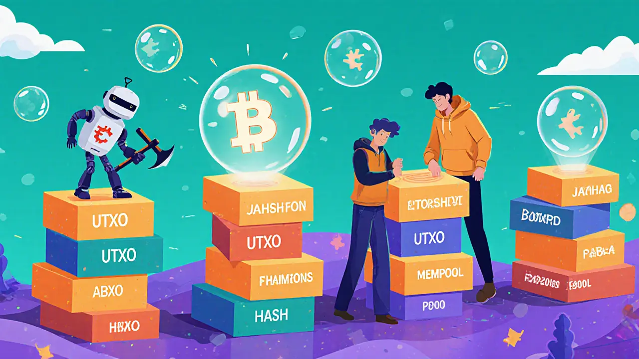 Cartoon miners add blocks to a colorful blockchain with UTXO bubbles.