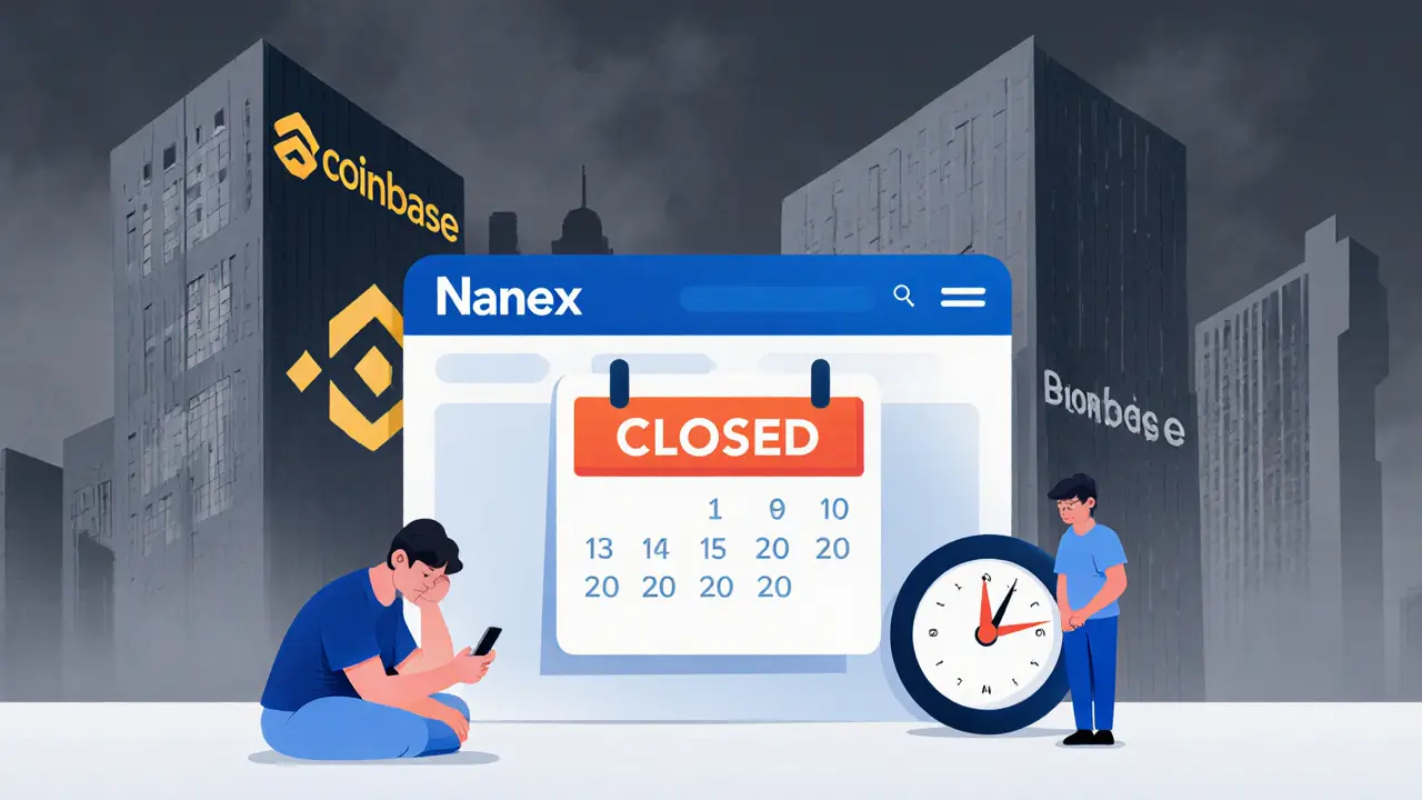 Cartoon of Nanex shutdown sign, sad users, 30‑day timer, and big rival exchanges nearby.