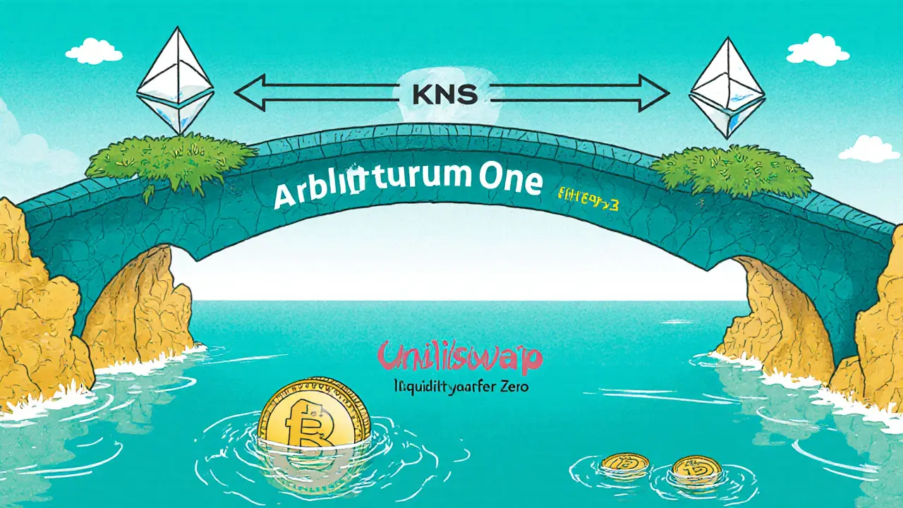 Cartoon shows a shallow Uniswap pool on Arbitrum with few KNS tokens floating.