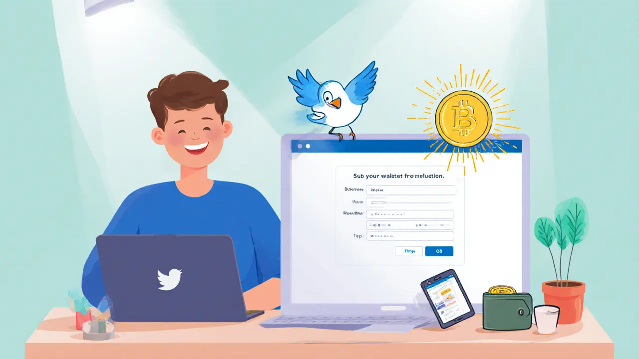 Cartoon user submitting a wallet address on a laptop while a bird indicates retweet.