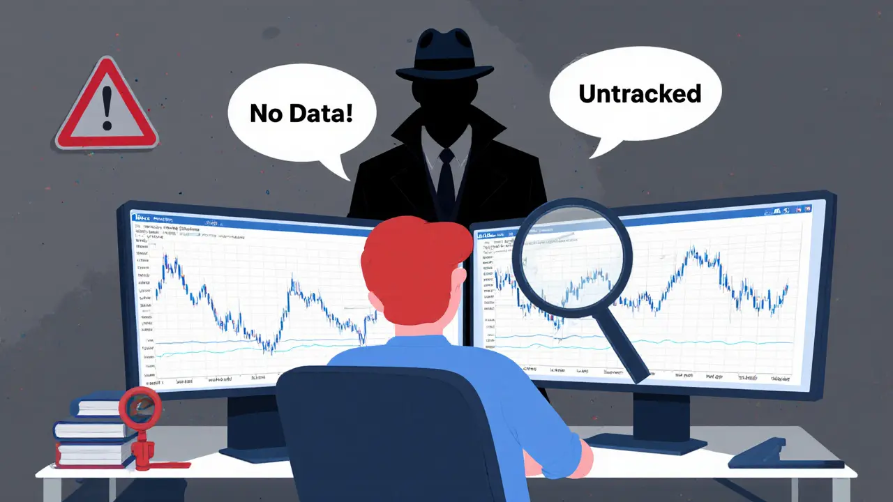Frustrated cartoon trader looking at blank crypto charts and &quot;No Data&quot; screens.