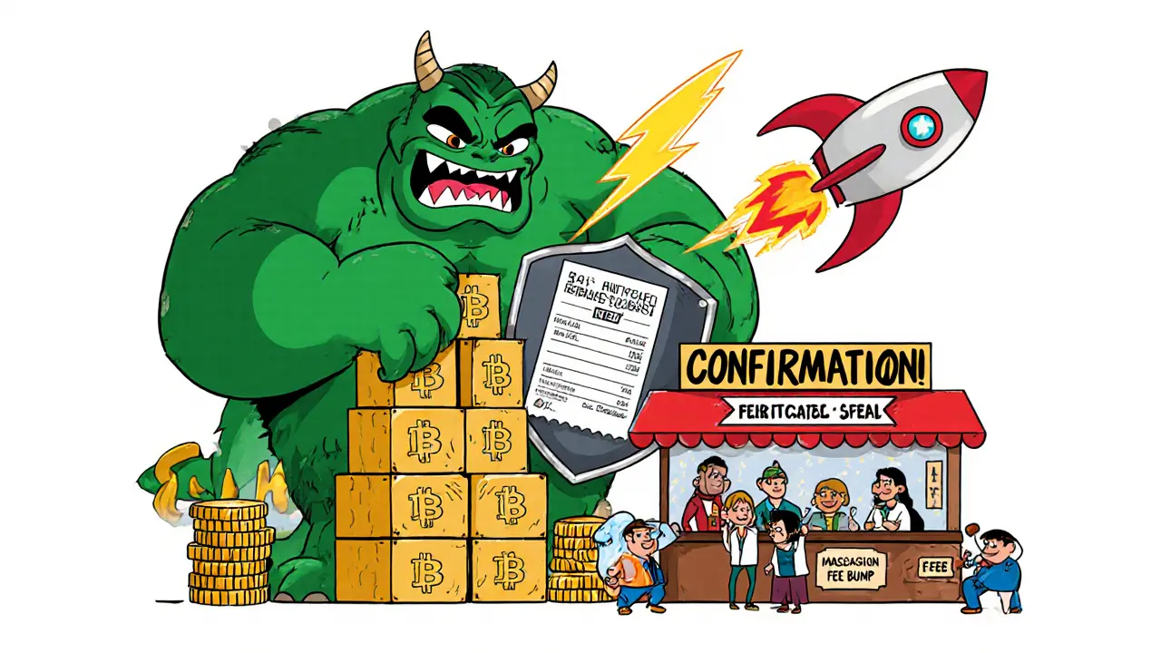 Monster attempts 51% attack while merchant waits for six confirmations.